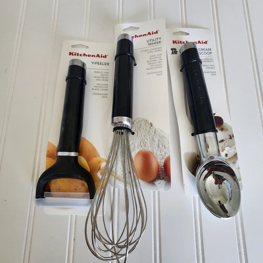 KitchenAid Prep utility Whisk , ice cream scoop, y- peeler in black kitc…